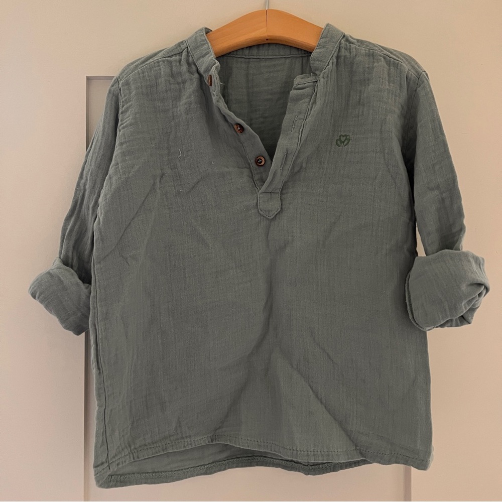 Gray Blue Long Sleeve Organic Linen Henley Kids Shirt 3-4 years